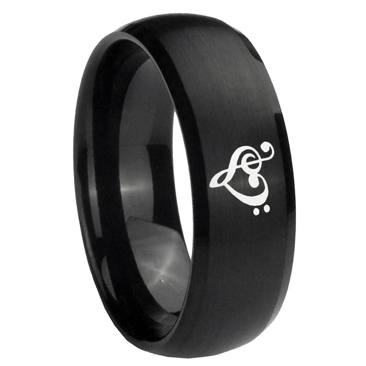 10mm Music & Heart Dome Brush Black Tungsten Carbide Men's Bands Ring