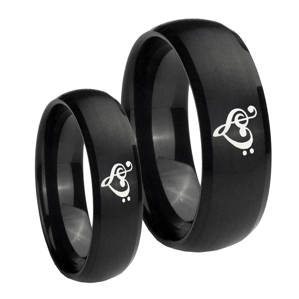 Music & Heart Dome Brush Black Tungsten Couple Wedding Rings