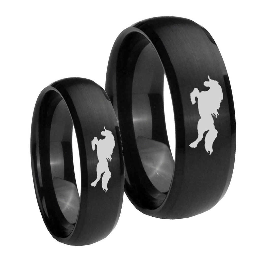 Horse Dome Brush Black Tungsten Bridal Set Ring