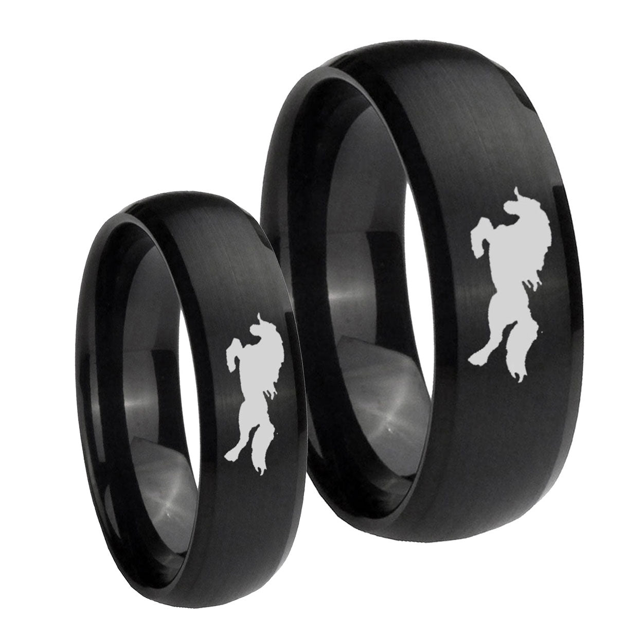 Horse Dome Brush Black Tungsten Bridal Set Ring