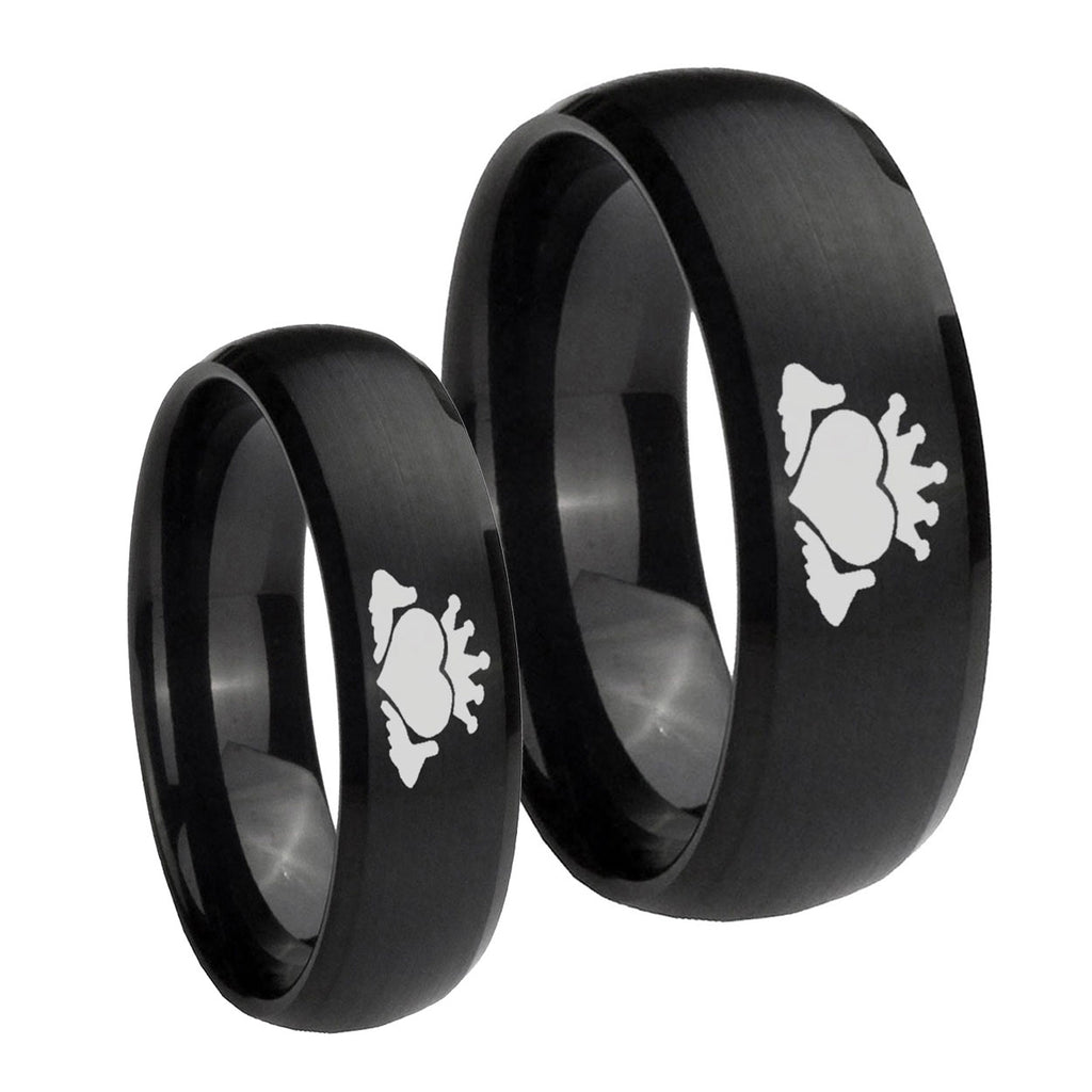 Claddagh Design Dome Brush Black Tungsten Mens Ring Set