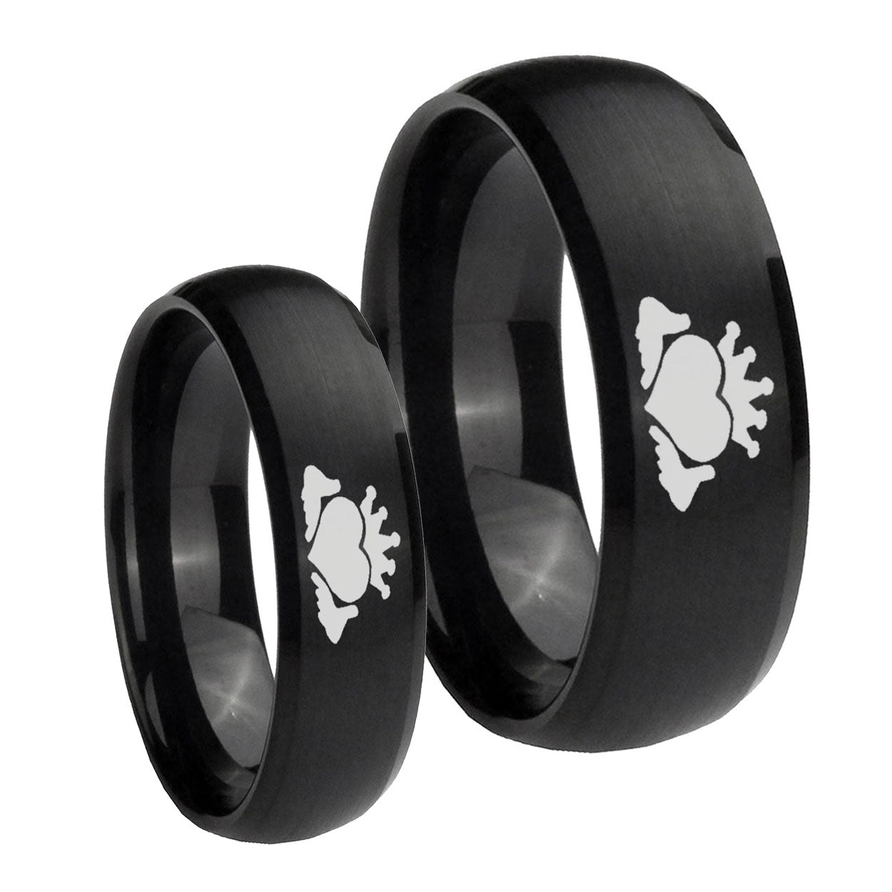 Claddagh Design Dome Brush Black Tungsten Mens Ring Set