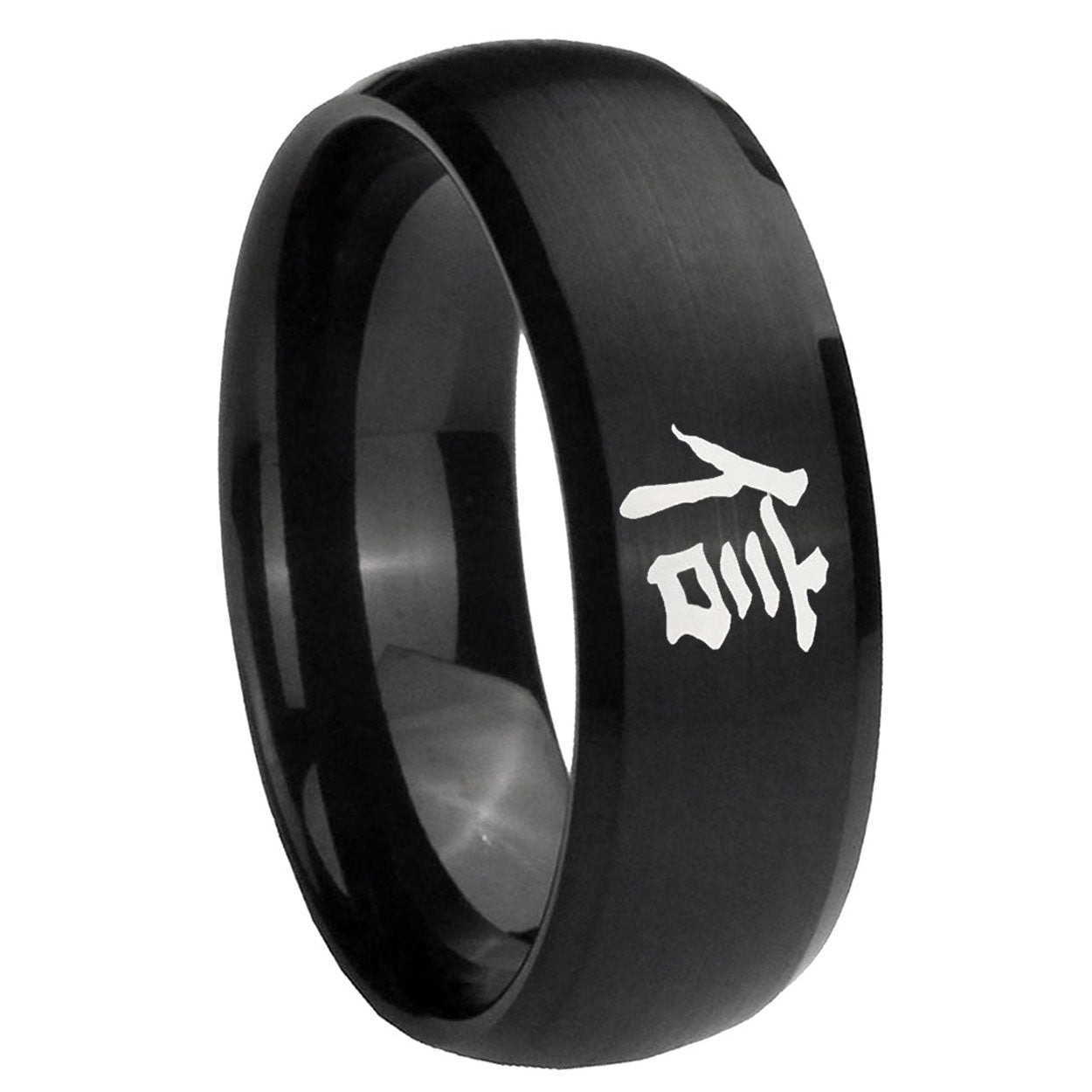 10mm Kanji Faith Dome Brush Black Tungsten Carbide Mens Ring Engraved
