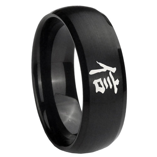 10mm Kanji Faith Dome Brush Black Tungsten Carbide Mens Ring Engraved