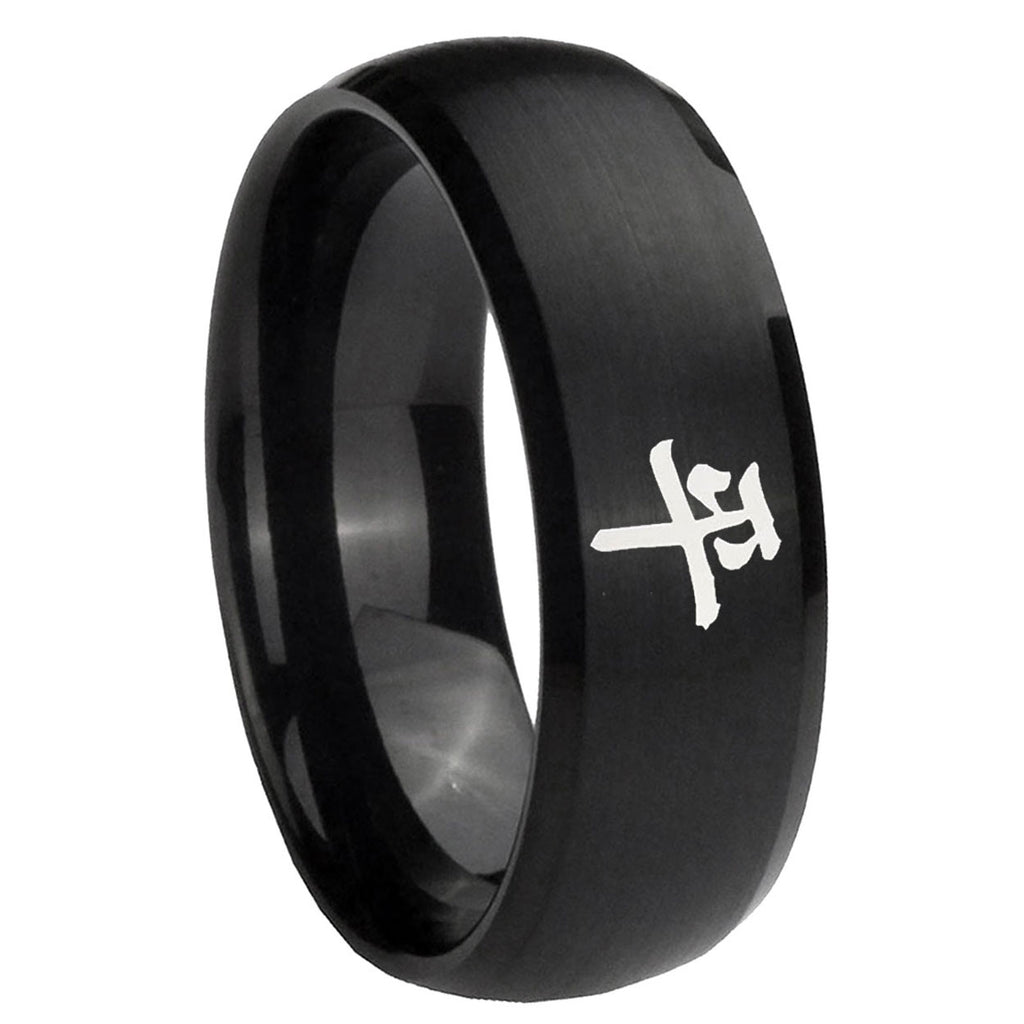 8MM Kanji Peace Dome Brush Black Tungsten Mens Engagement Ring