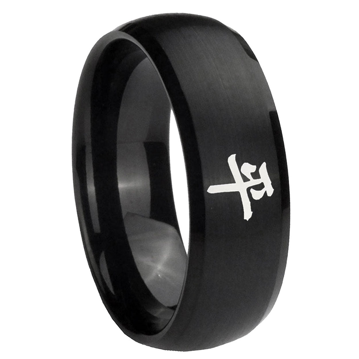 8MM Kanji Peace Dome Brush Black Tungsten Mens Engagement Ring