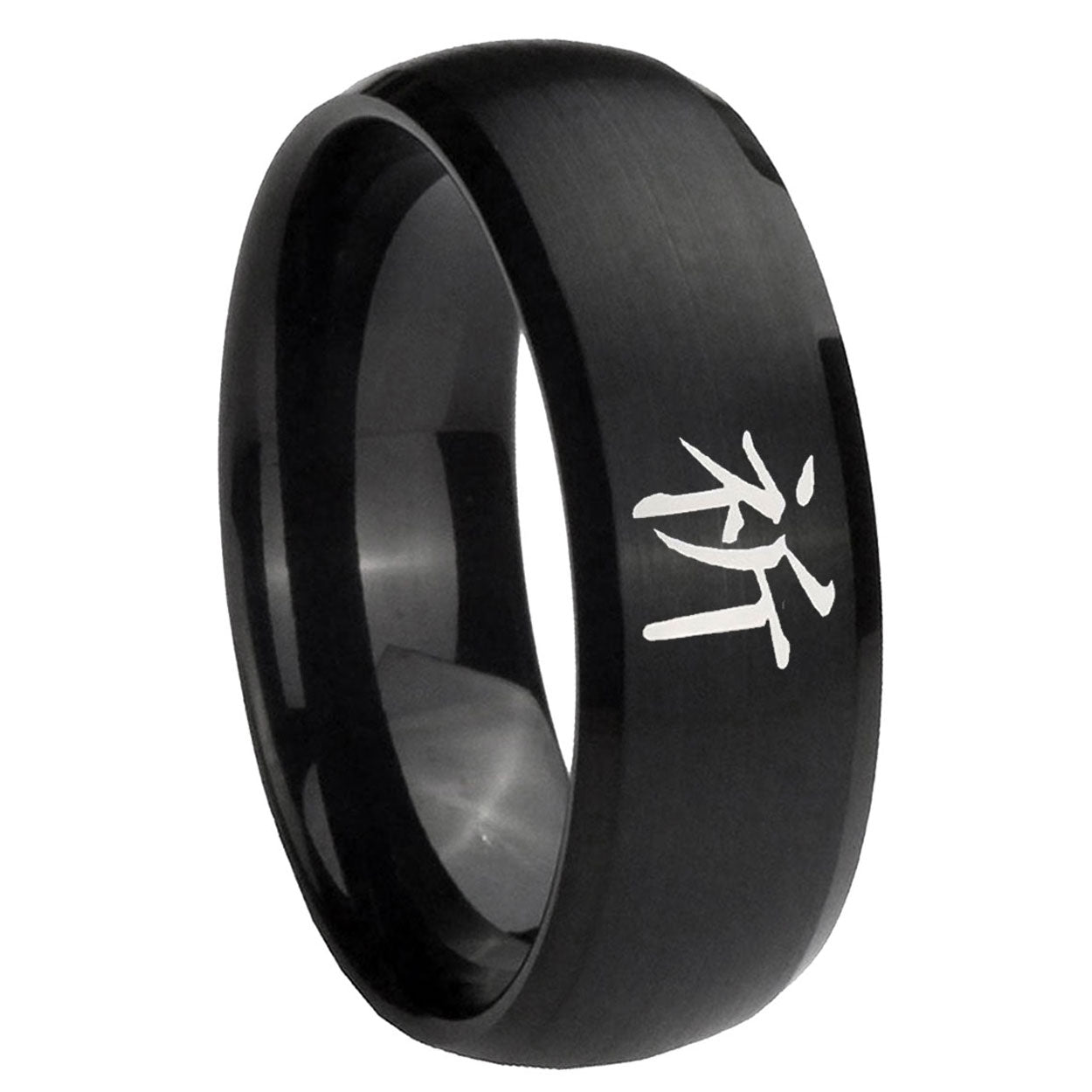 8MM Kanji Prayer Dome Brush Black Tungsten Wedding Ring