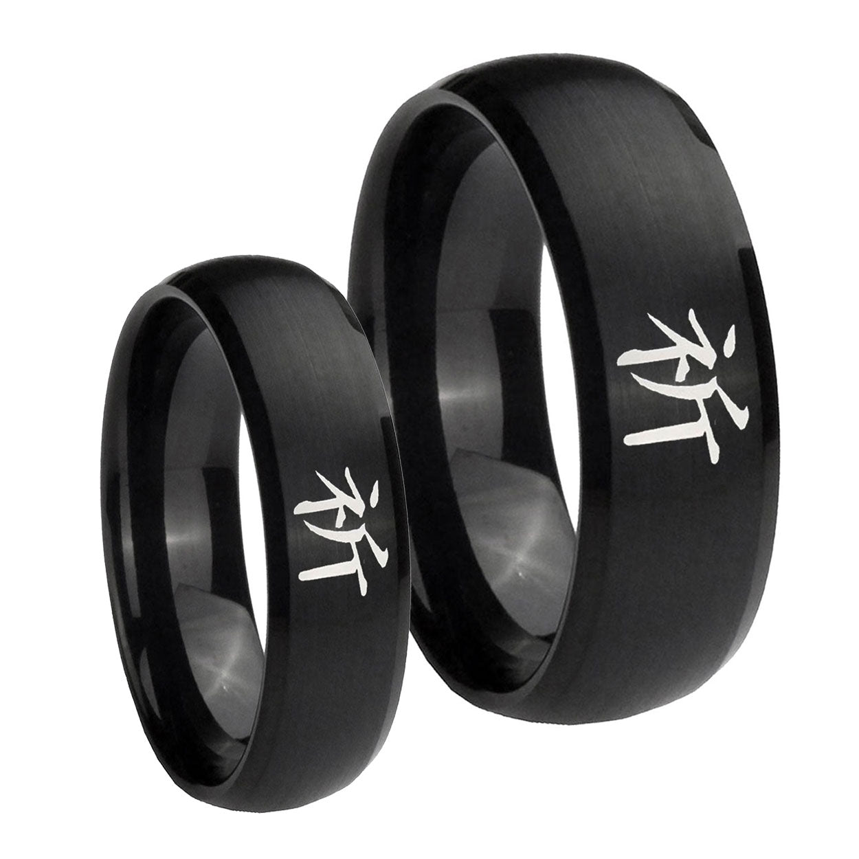 Kanji Prayer Dome Brush Black Tungsten Couple Band Set