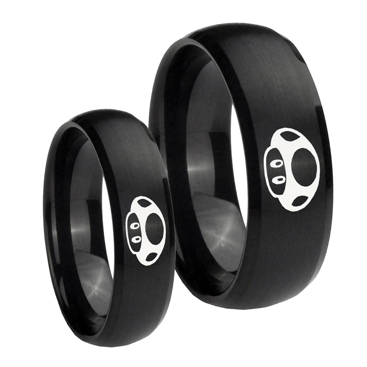 Mario Mushroom Dome Brush Black Tungsten Bridal Ring Set