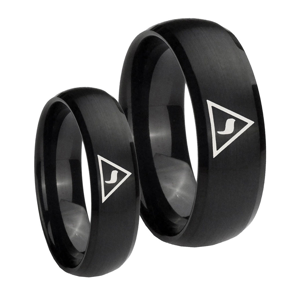 Masonic Yod Dome Brush Black Tungsten His Hers Ring Set