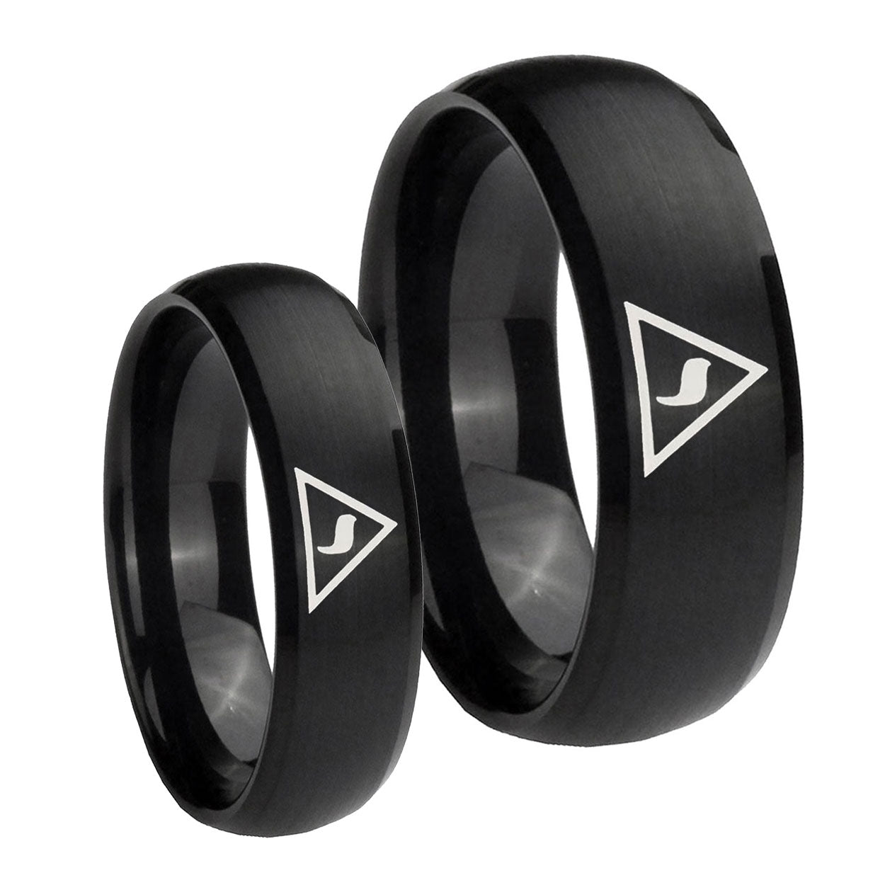 Masonic Yod Dome Brush Black Tungsten His Hers Ring Set