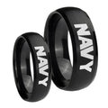 Navy Dome Brush Black Tungsten Mens Ring Set