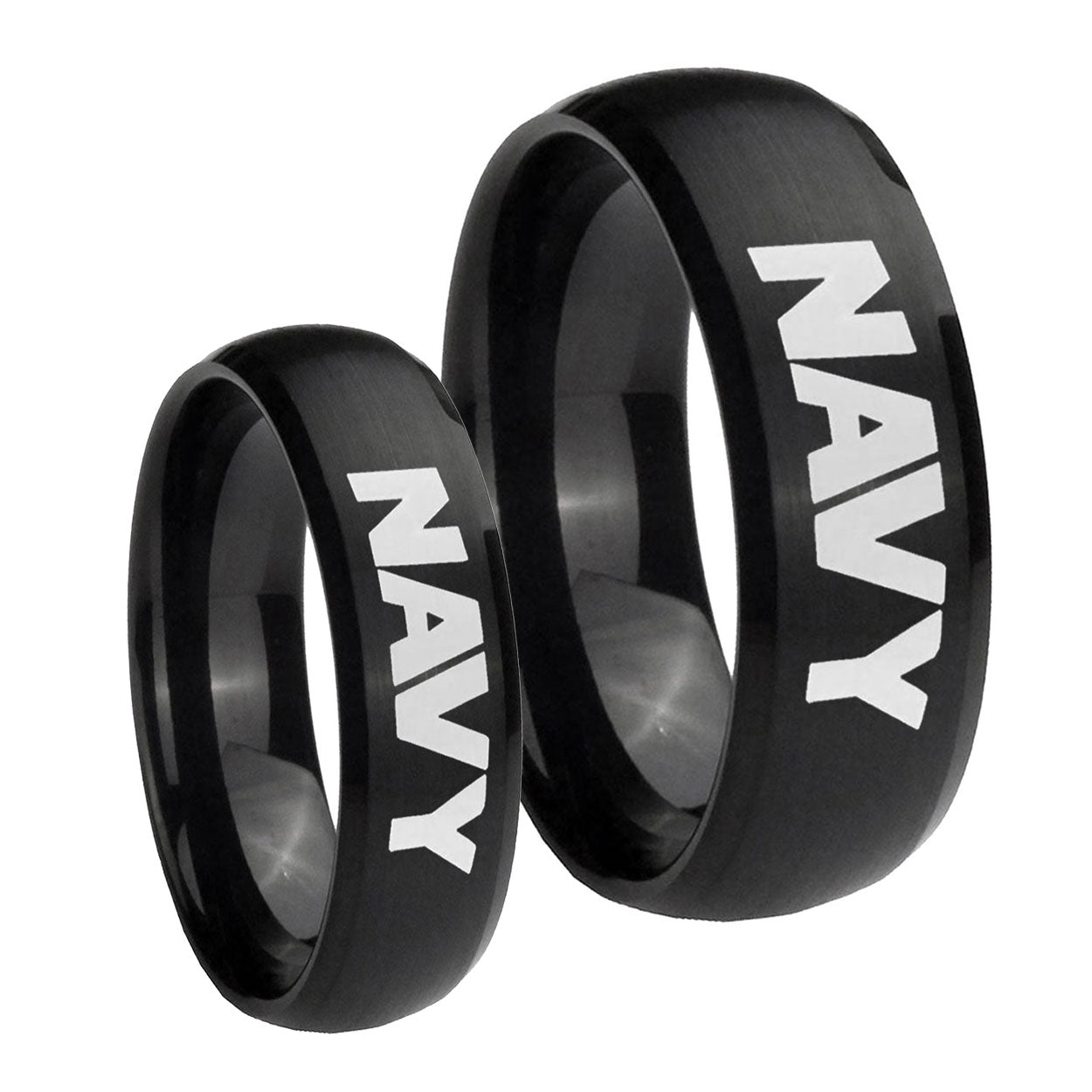 Navy Dome Brush Black Tungsten Mens Ring Set
