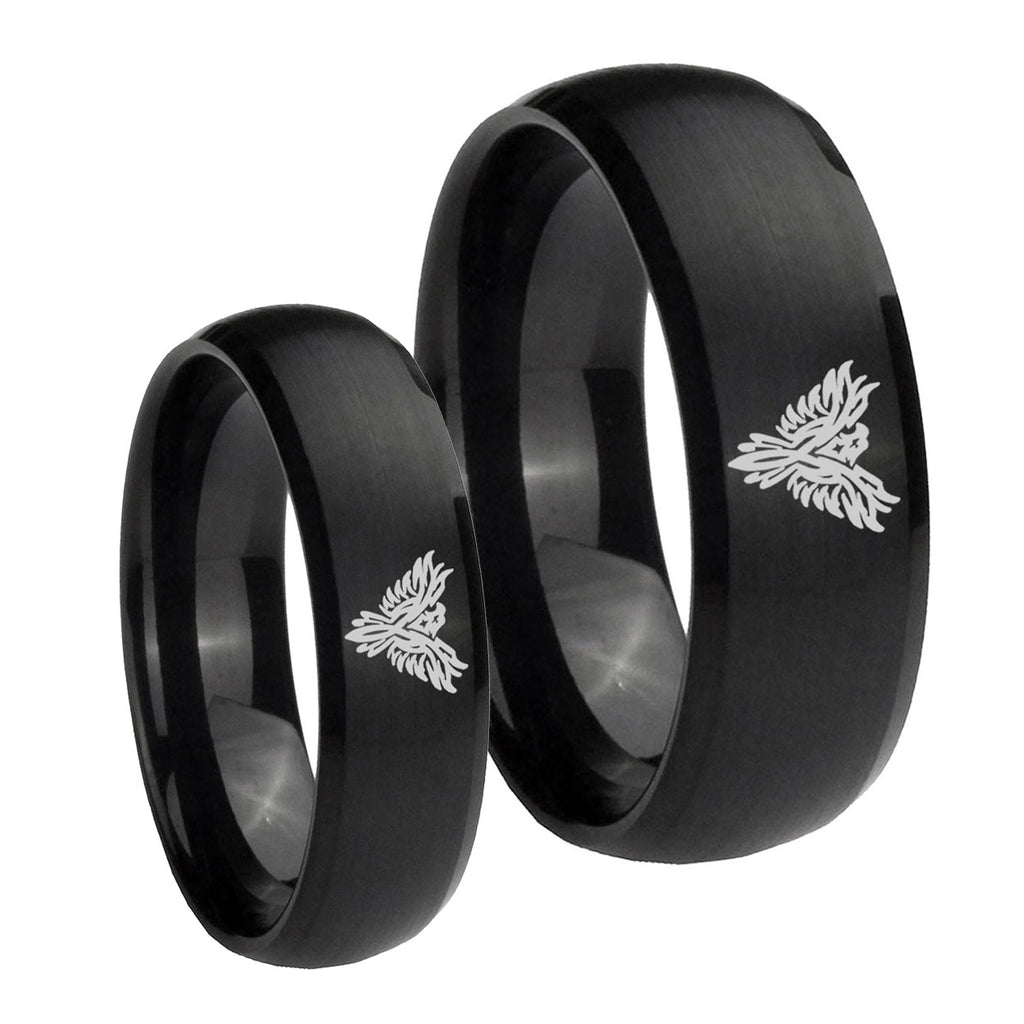 Phoenix Dome Brush Black Tungsten Bridal Ring Set