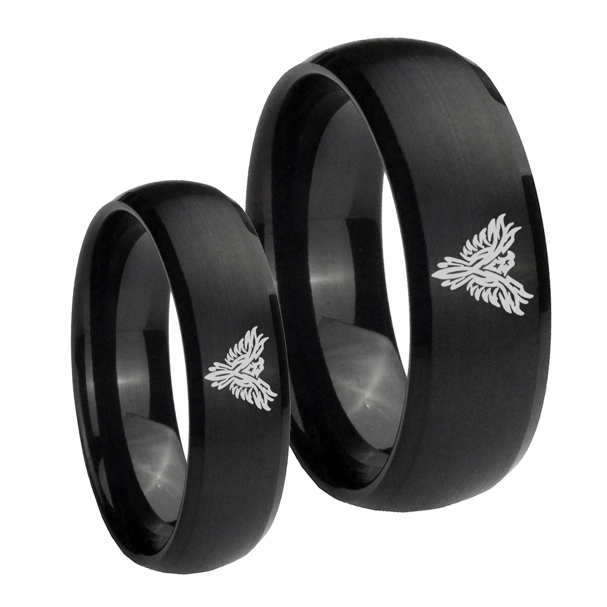 Phoenix Dome Brush Black Tungsten Bridal Ring Set