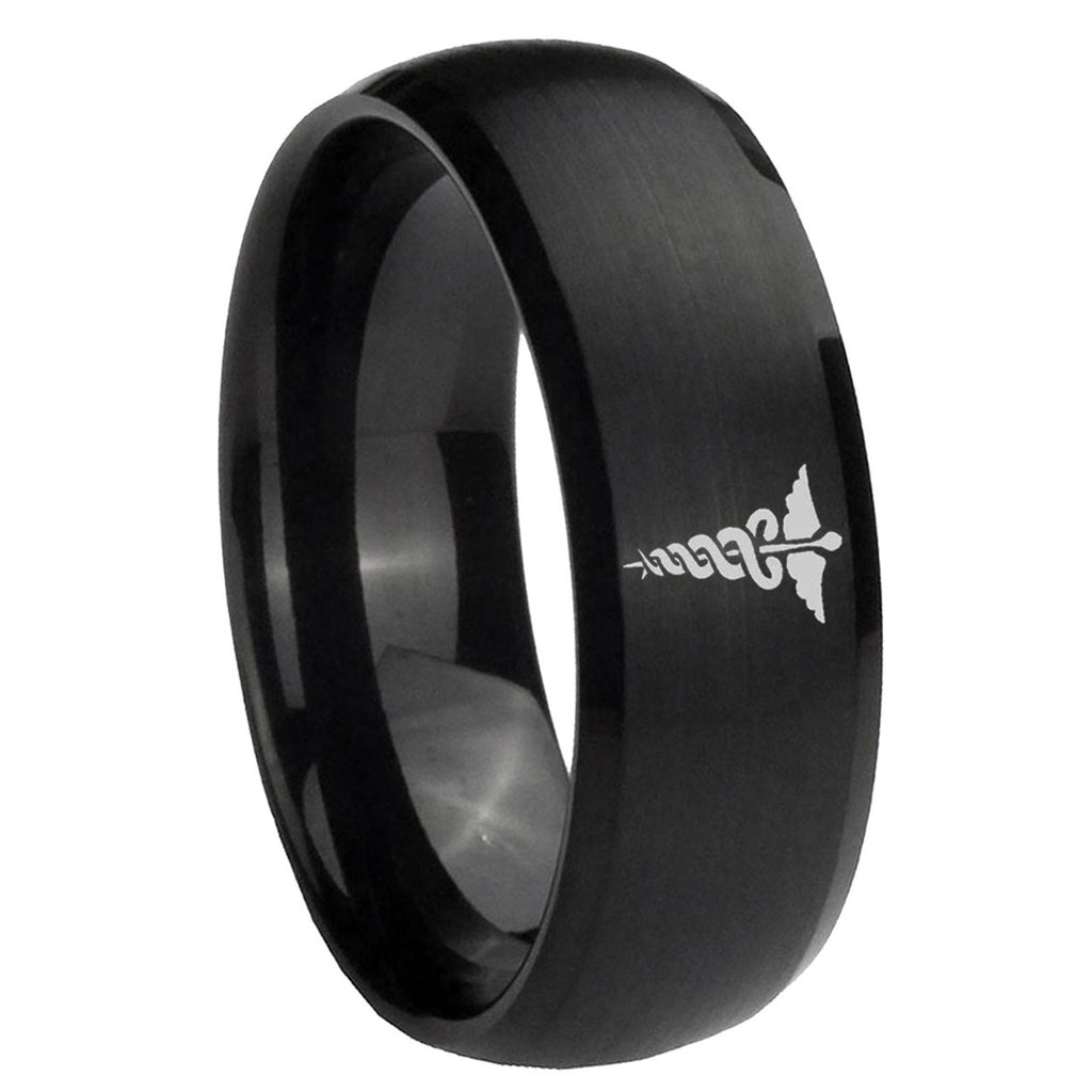 8MM Medical Symbol Dome Brush Black Tungsten Engagement Ring