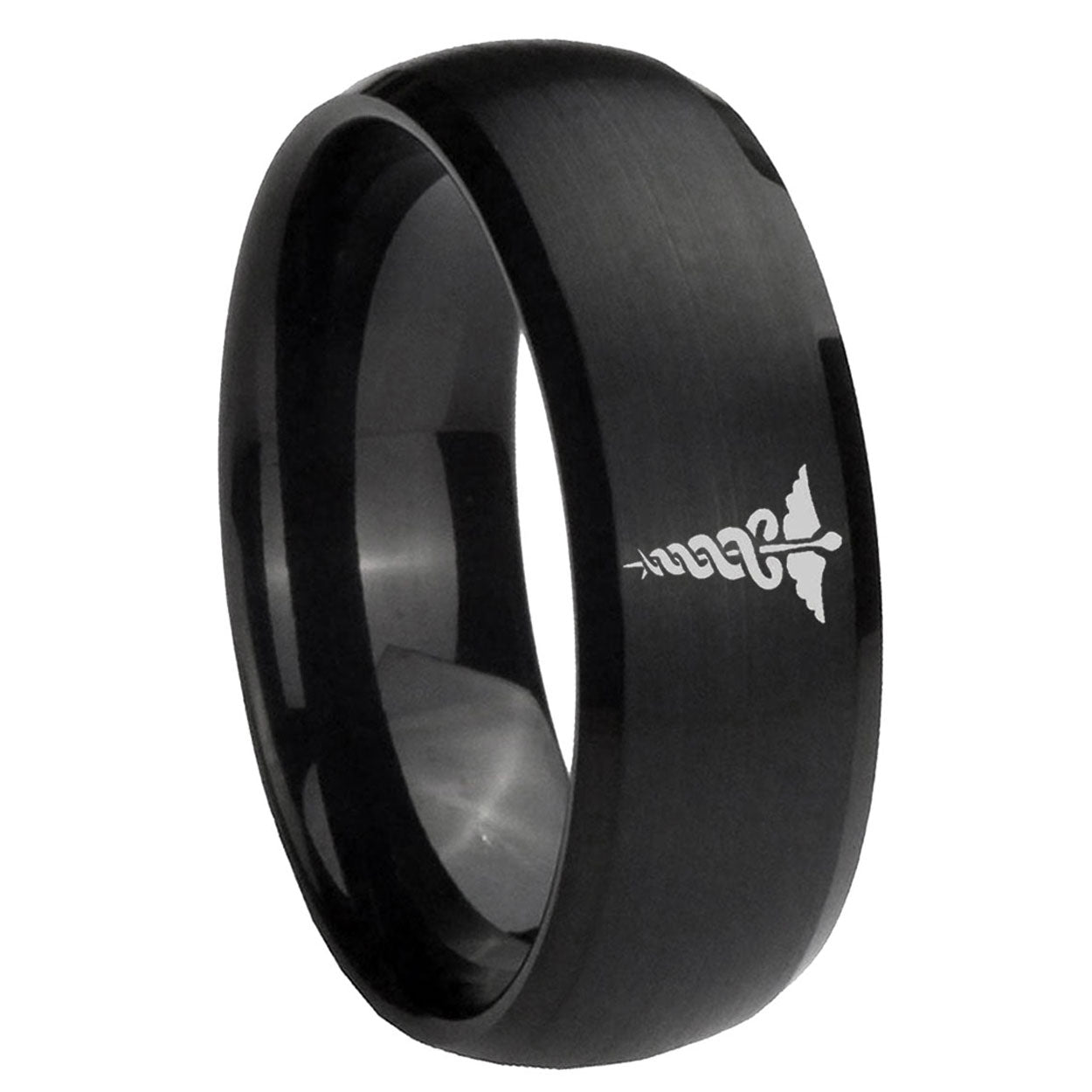 8MM Medical Symbol Dome Brush Black Tungsten Engagement Ring