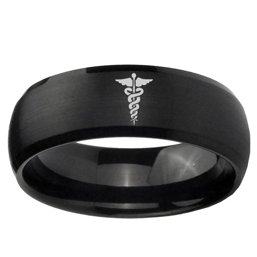 10mm Medical Symbol Dome Brush Black Tungsten Ring