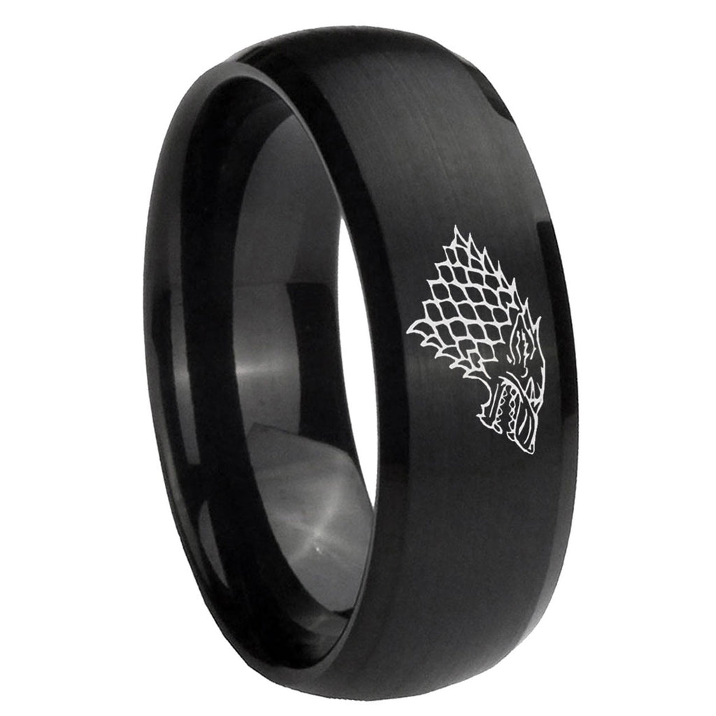 10mm Game Of Thrones House Stark Direwolf Dome Brush Black Tungsten Carbide Men's Engagement Band