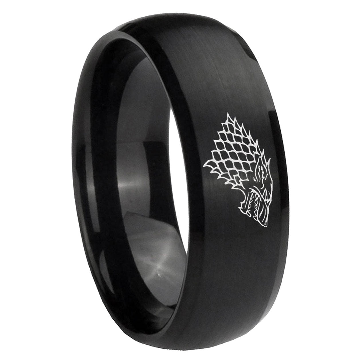 10mm Game Of Thrones House Stark Direwolf Dome Brush Black Tungsten Carbide Men's Engagement Band