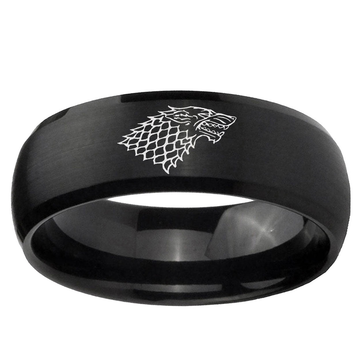 10mm Game Of Thrones House Stark Direwolf Dome Brush Black Tungsten Ring