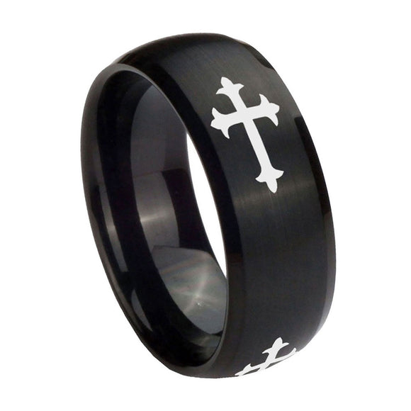 10mm-Christian-Cross-Religious-Dome-Brush-Black-Tungsten-Carbide-Men's-Engagement-Band