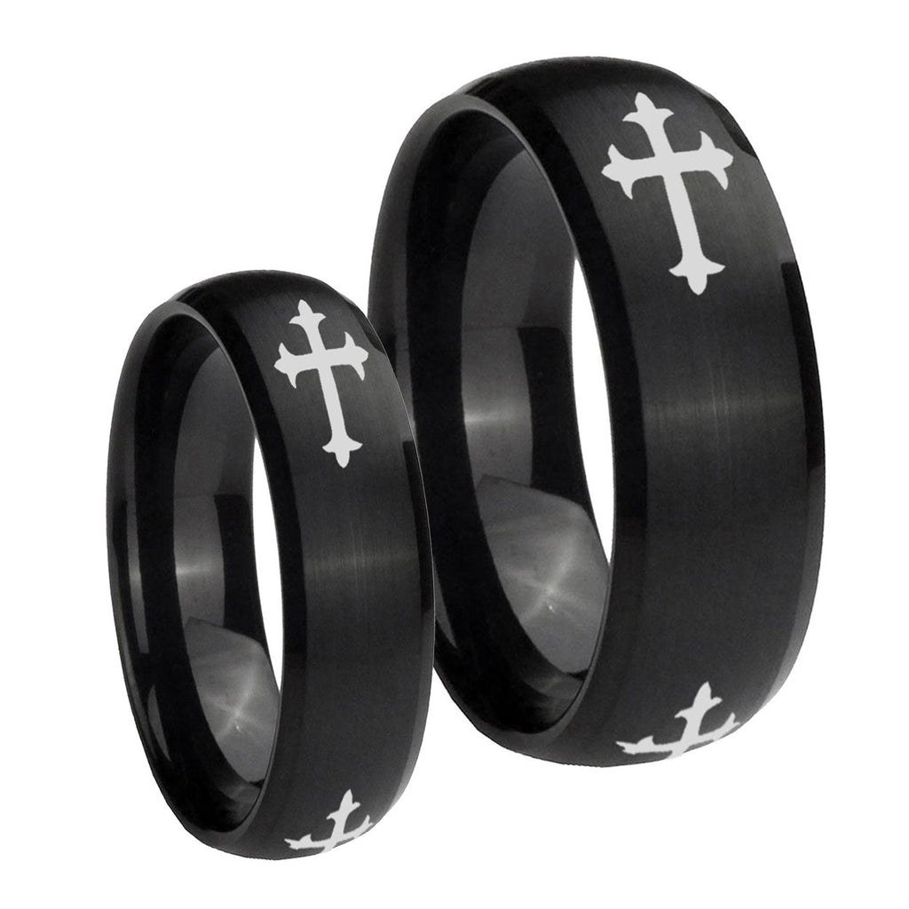 Christian Cross Religious Dome Brush Black Tungsten His Hers Ring Set