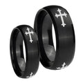 Christian Cross Religious Dome Brush Black Tungsten His Hers Ring Set