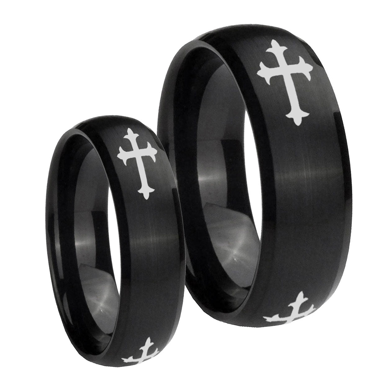 Christian Cross Religious Dome Brush Black Tungsten His Hers Ring Set