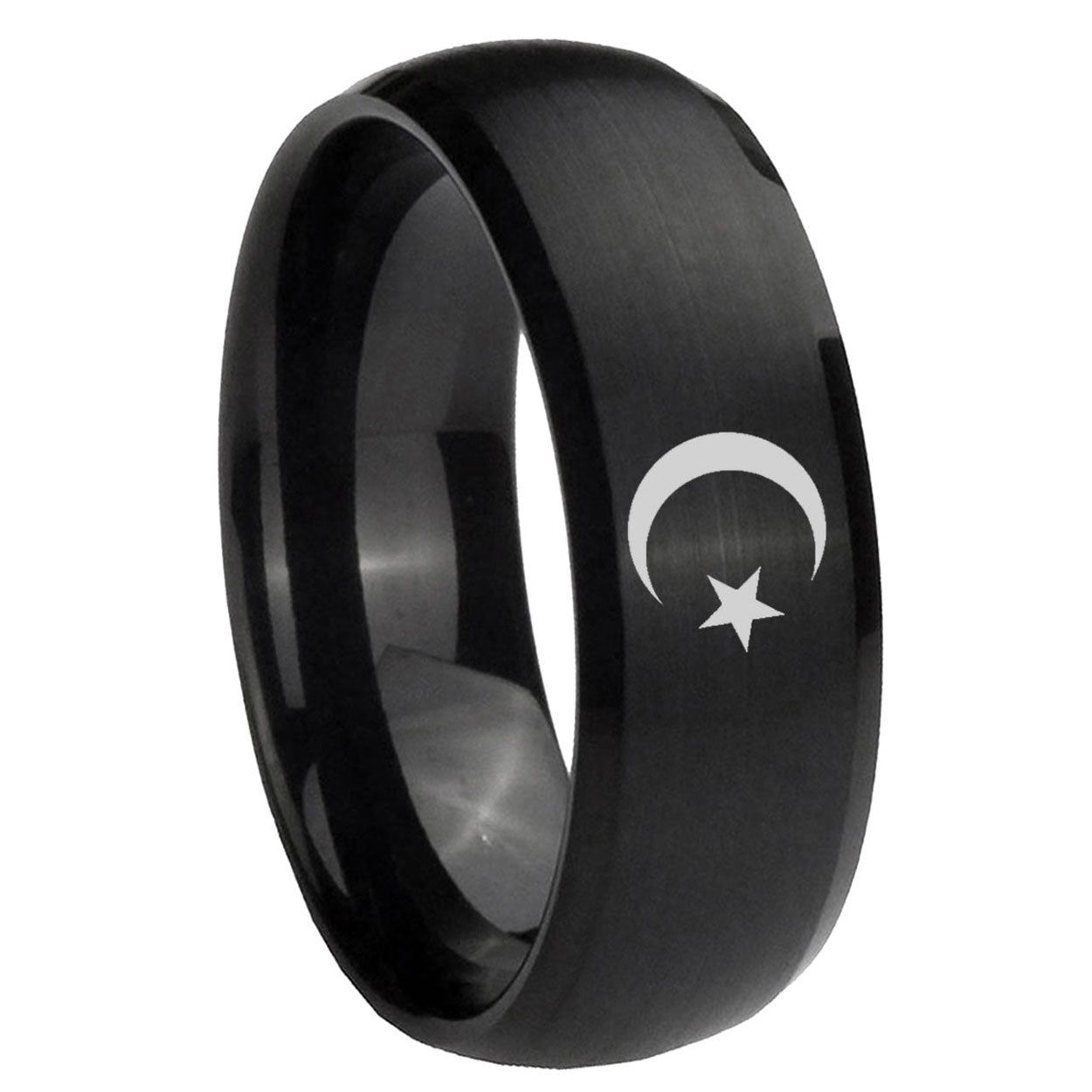 10mm Crescent Moon Stars Dome Brush Black Tungsten Carbide Men's Engagement Band