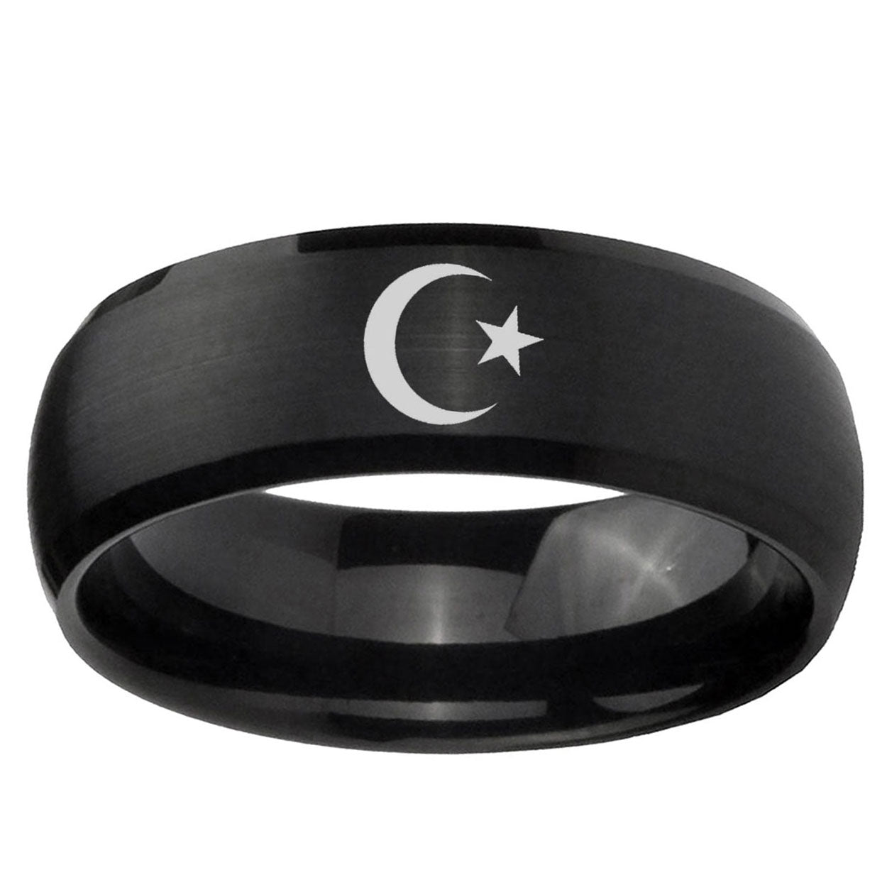 10mm Crescent Moon Stars Dome Brush Black Tungsten Ring