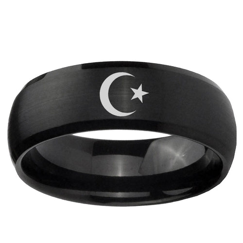 10mm Crescent Moon Stars Dome Brush Black Tungsten Ring