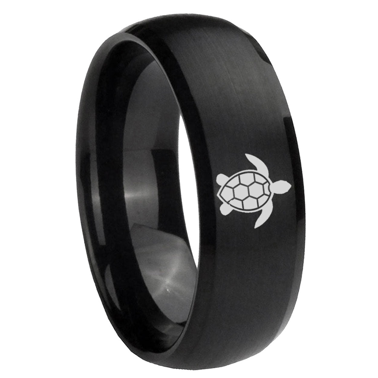 8MM Sea Turtle Dome Matte Black Silver Wedding Bands For Him