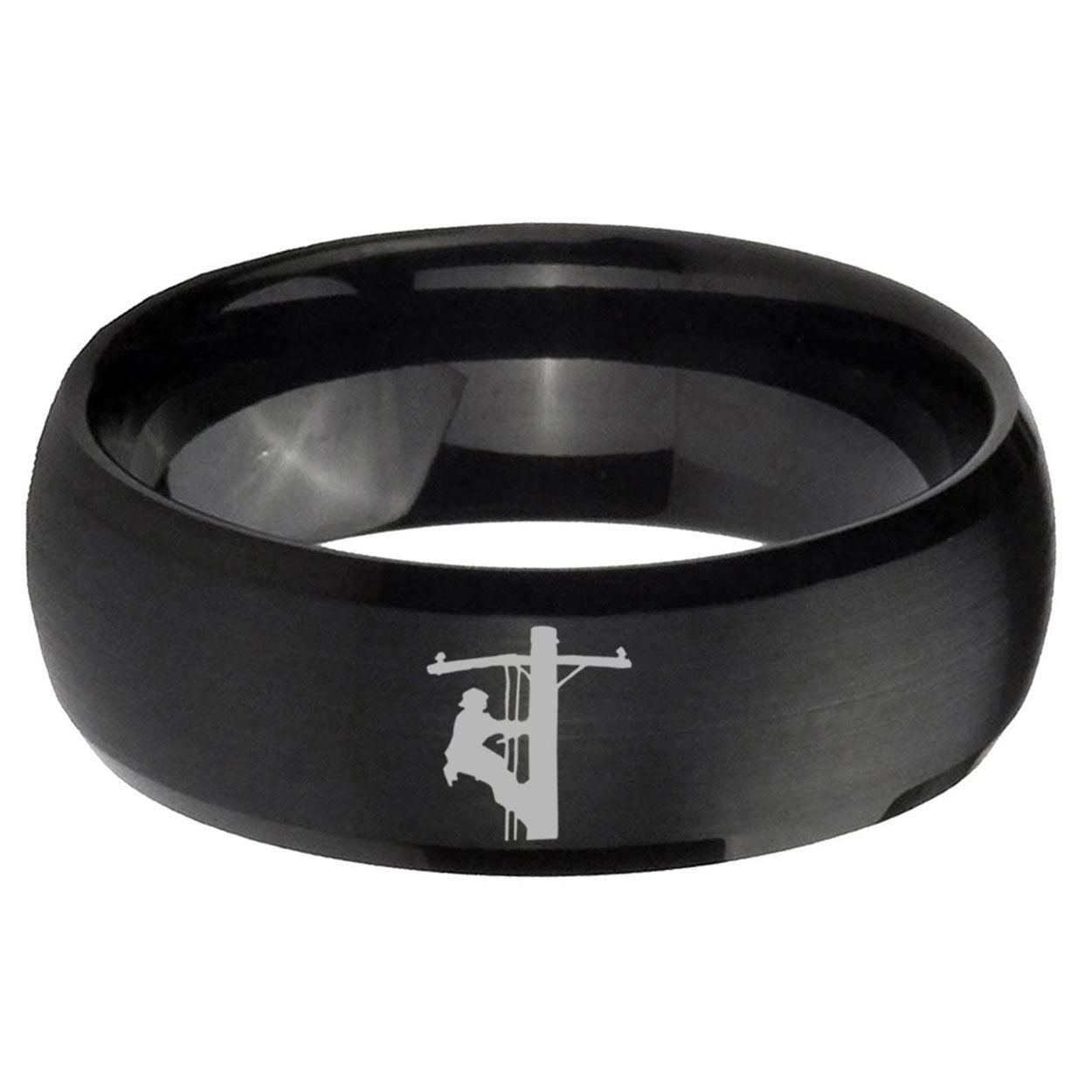 5MMLineman Symbol Dome Matte Black Mens Wedding Bands Silver