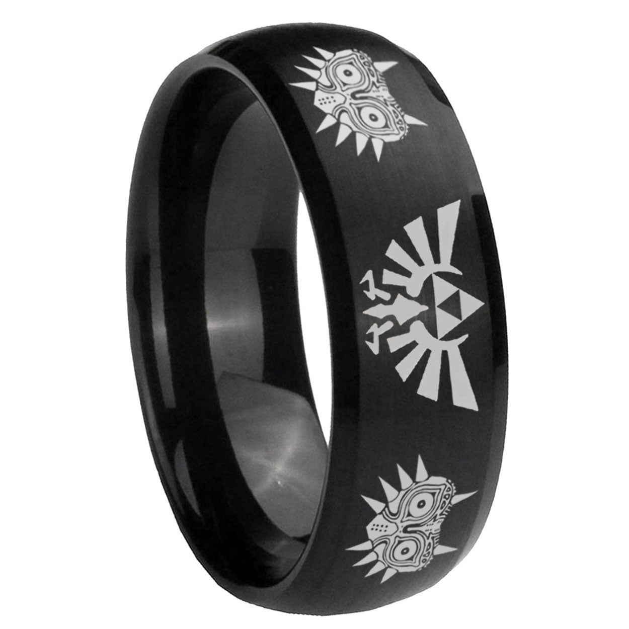 8MM Zelda Majora's Mask Dome Matte Black Mens Wedding Bands Silver