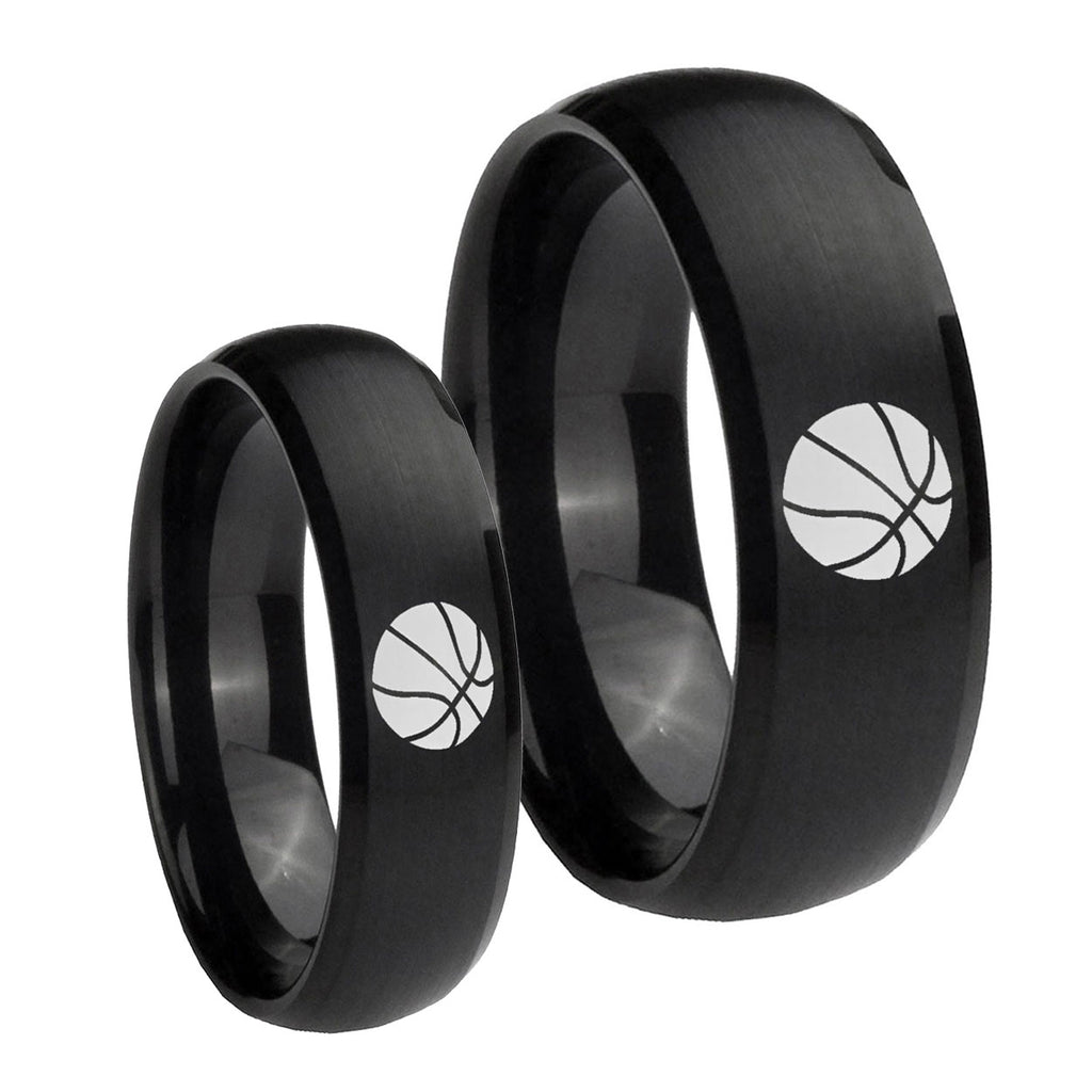 Basketball Dome Brush Black Tungsten His Hers Ring Set