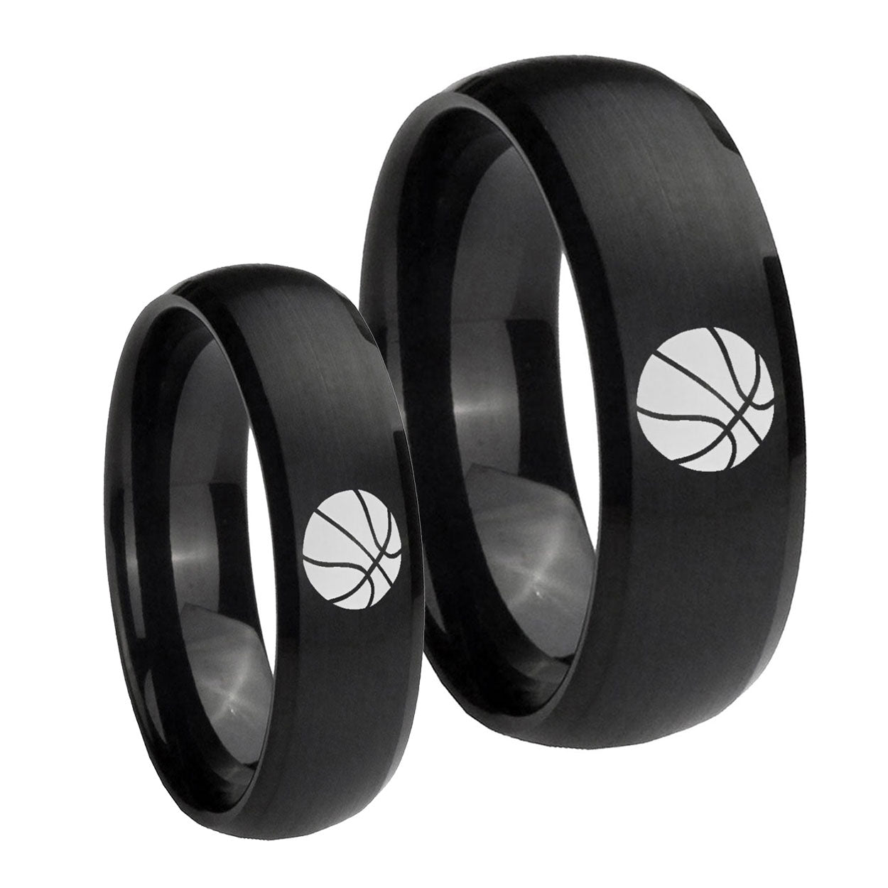 Basketball Dome Brush Black Tungsten His Hers Ring Set