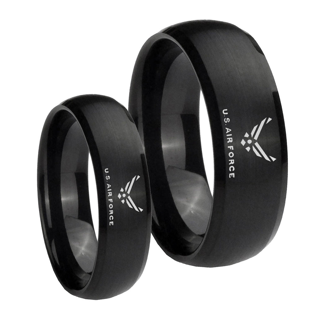 US Air Force Brush Black Dome Tungsten Couple Band Set