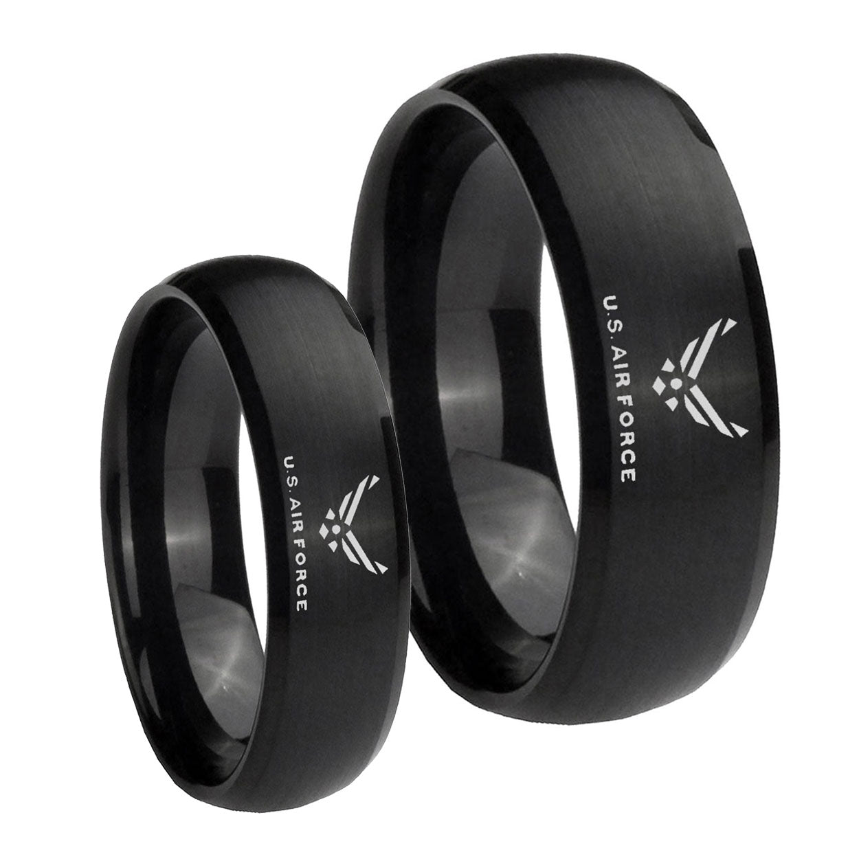 US Air Force Brush Black Dome Tungsten Couple Band Set