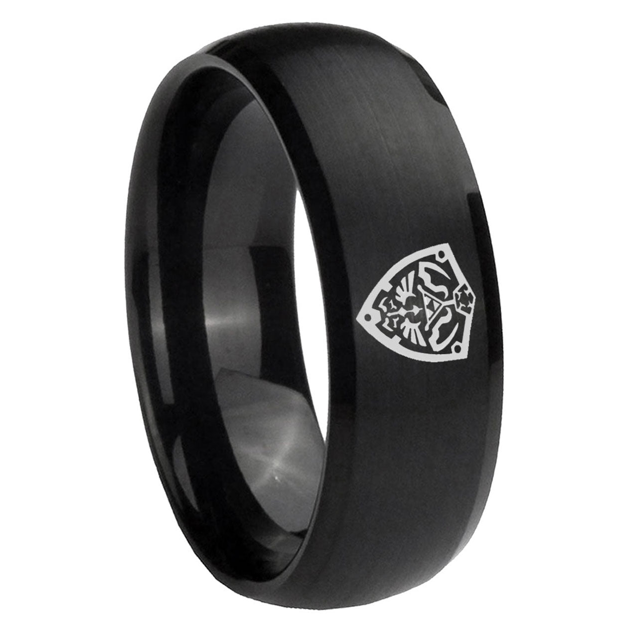 8MM Zelda Hylian Shield Dome Brush Black Tungsten Mens Ring