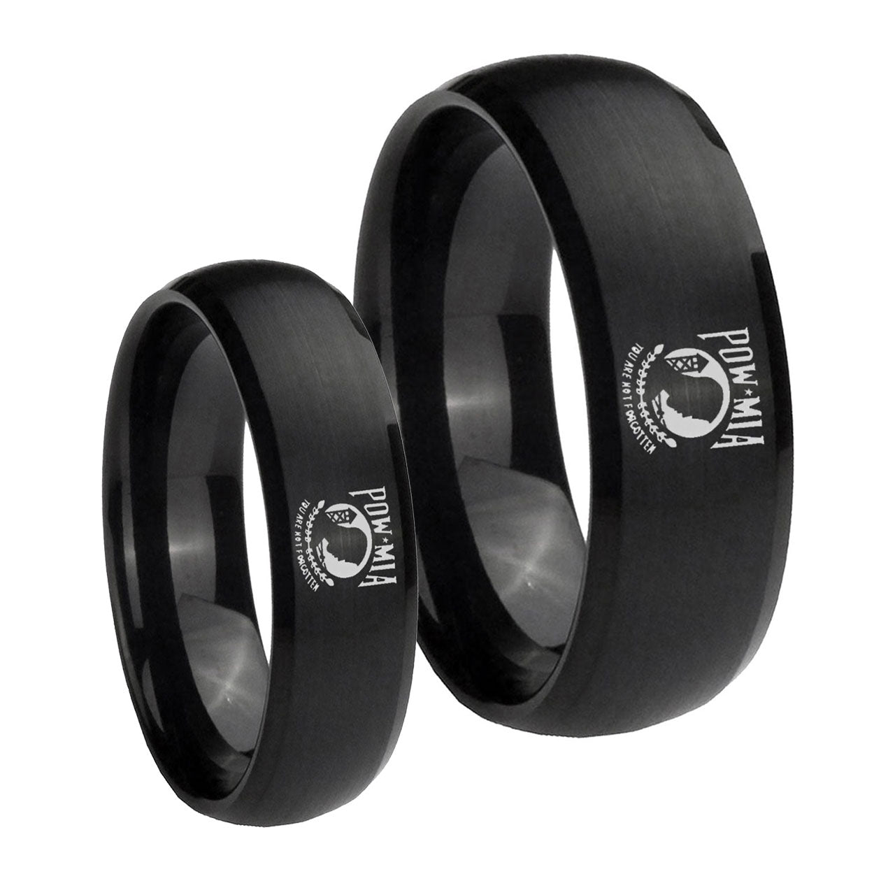 Military Pow Dome Brush Black Tungsten Promise Ring Set