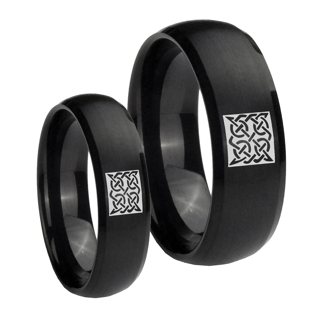 Celtic Design Dome Brush Black Tungsten Couples Ring Set
