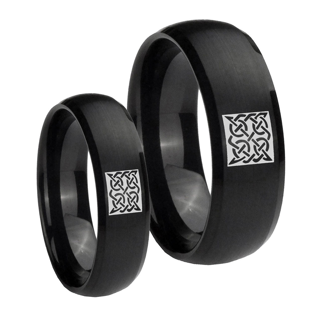 Celtic Design Dome Brush Black Tungsten Couples Ring Set