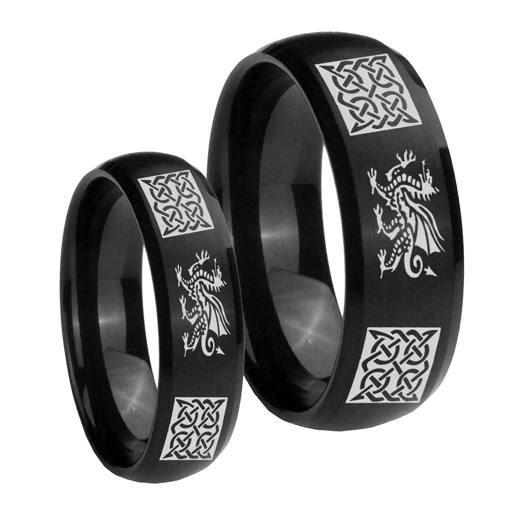 Multiple Dragon Celtic Dome Brush Black Tungsten Bridal Set Ring