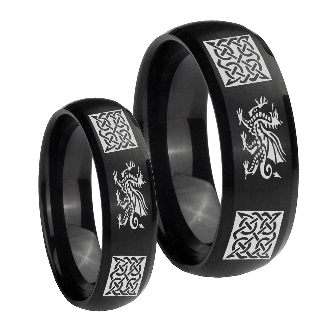 Multiple Dragon Celtic Dome Brush Black Tungsten Bridal Set Ring