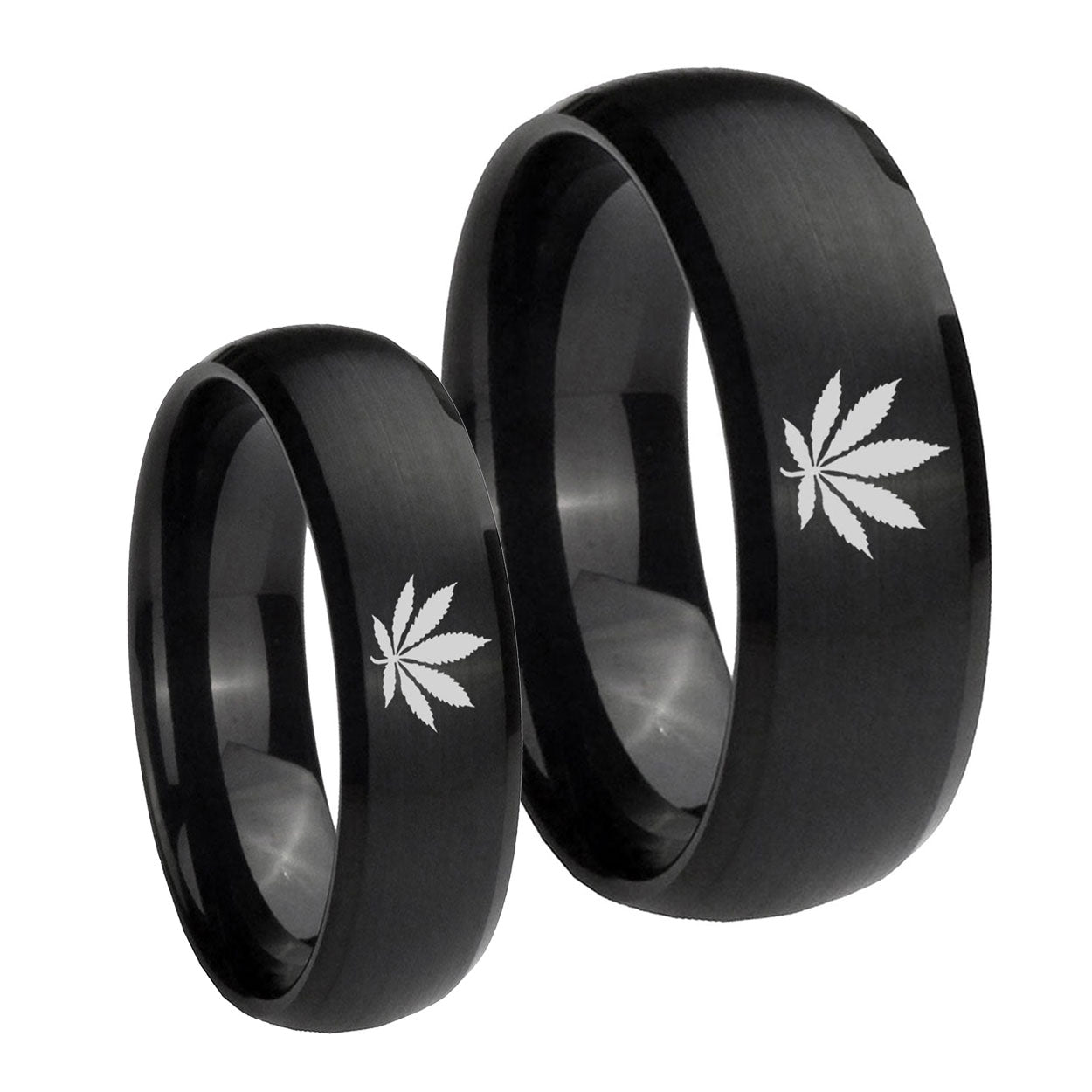 Marijuana Leaf Dome Brush Black Tungsten Mens Ring Set