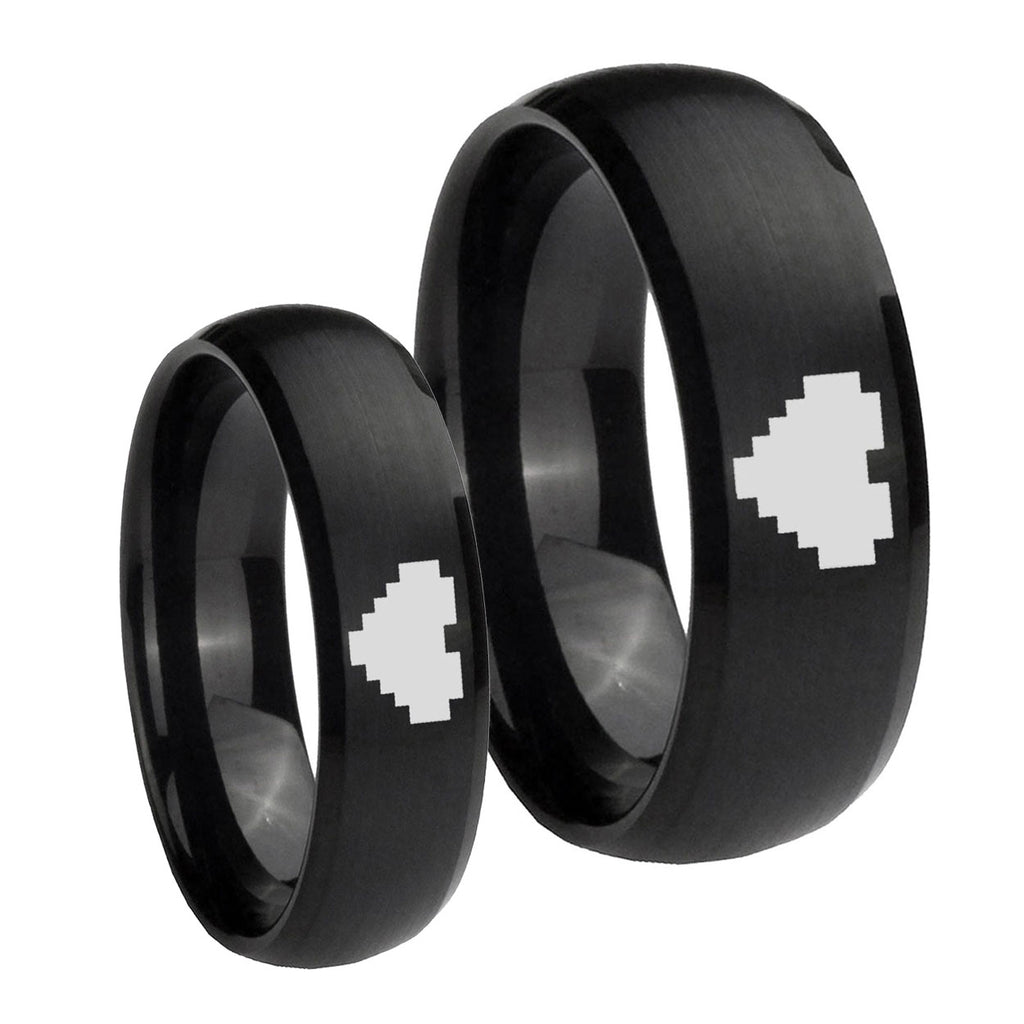 Zelda Heart Brush Black Dome Tungsten Couple Wedding Rings