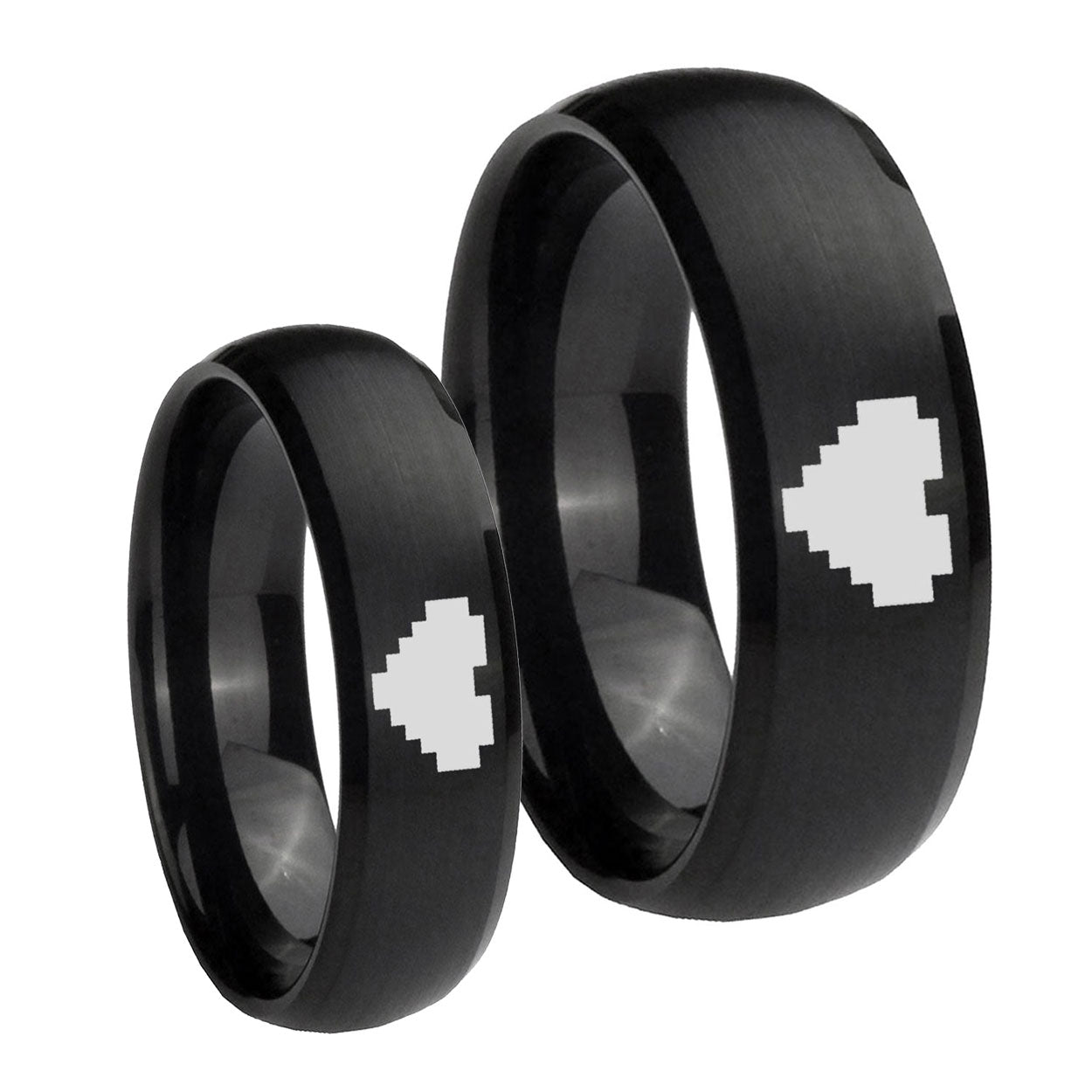 Zelda Heart Brush Black Dome Tungsten Couple Wedding Rings