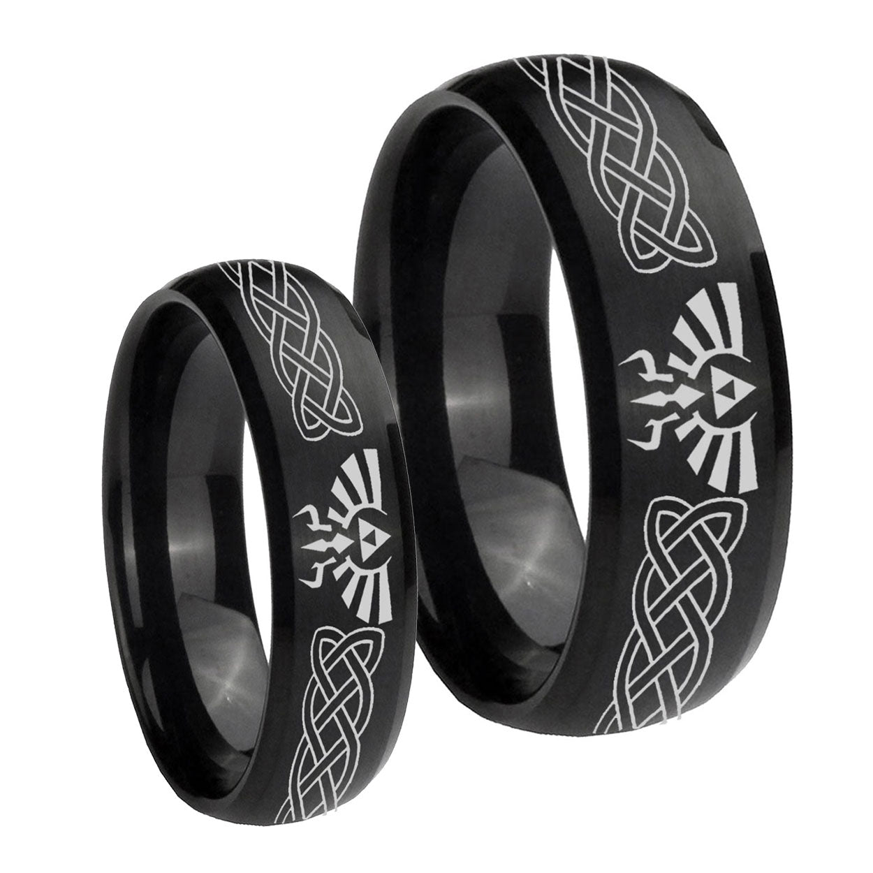 Celtic Zelda Dome Brush Black Tungsten Promise Ring Set