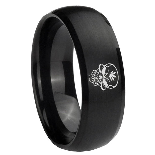 10mm Skull Marijuana Leaf Dome Brush Black Tungsten Carbide Mens Wedding Band